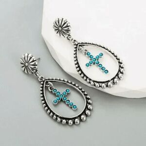 Silver Turquoise Western Cross Dangle Earrings